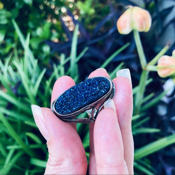 Emily 💖 925 Sterling Silver Ring Cobalt Druzy Agate - Picture 2 of 12